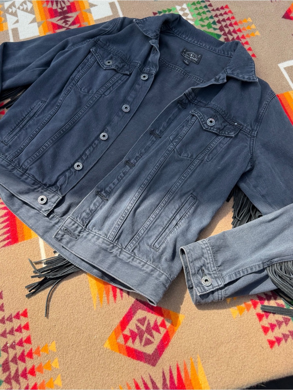 Fringe-Trim Denim Jacket in Washed Black